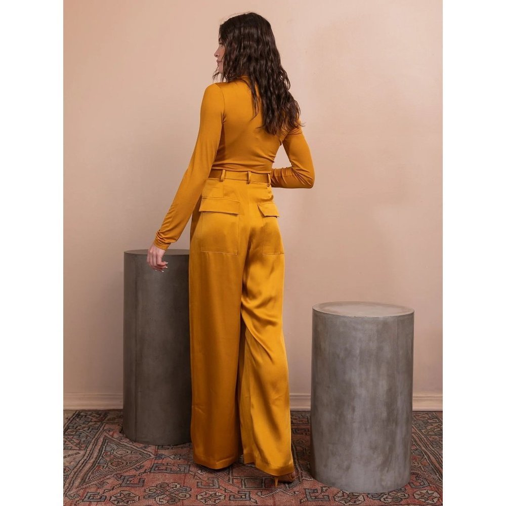LAPOINTE Satin Pleated Pants in Yellow 2 Womens Wide Leg Trousers - Picture 13 of 15